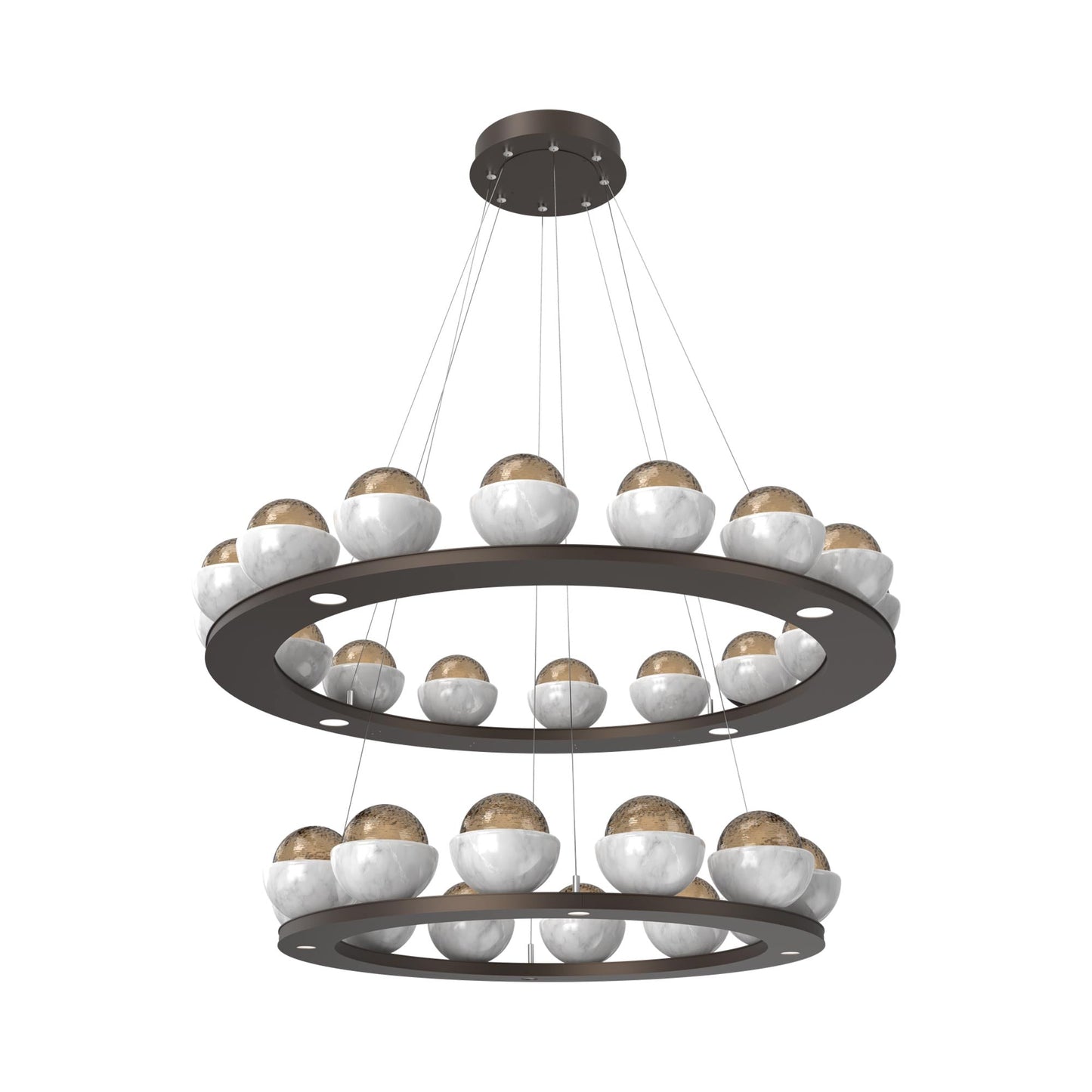 Cabochon Two-Tier Ring LED Chandelier in Flat Bronze/Bronze Blown Glass (White Marble).