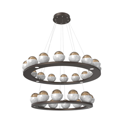 Cabochon Two-Tier Ring LED Chandelier in Flat Bronze/Bronze Blown Glass (White Marble).