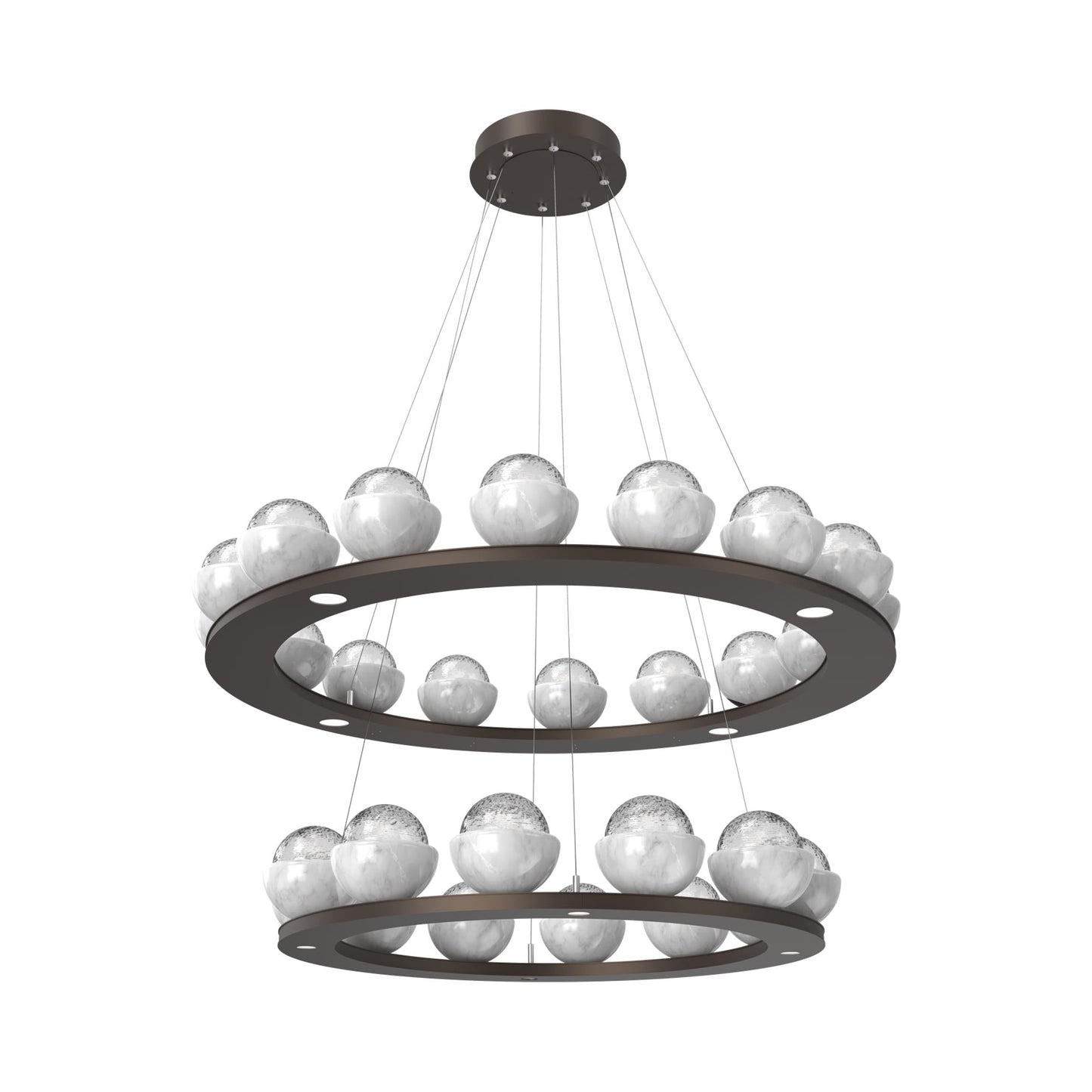 Cabochon Two-Tier Ring LED Chandelier in Flat Bronze/Clear Blown Glass (White Marble).