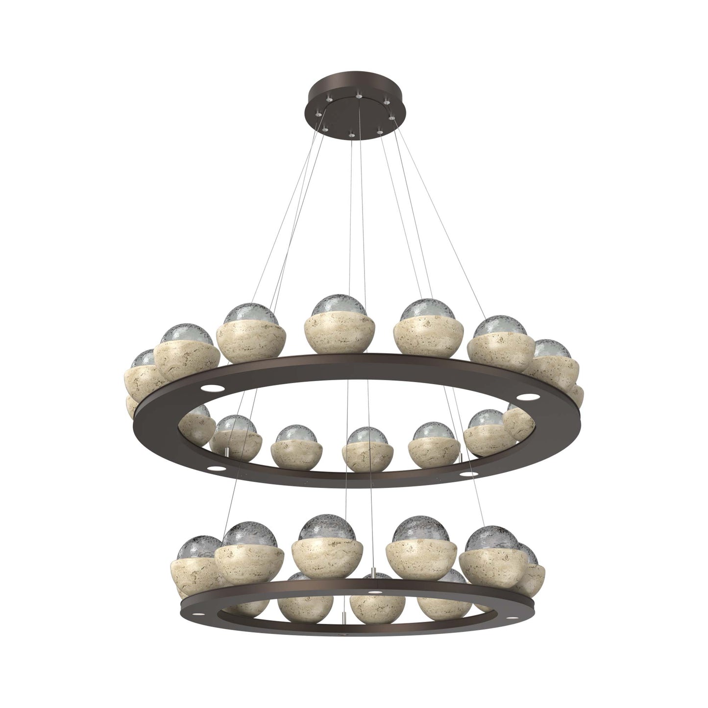 Cabochon Two-Tier Ring LED Chandelier in Flat Bronze/Smoke Blown Glass (Travertine).