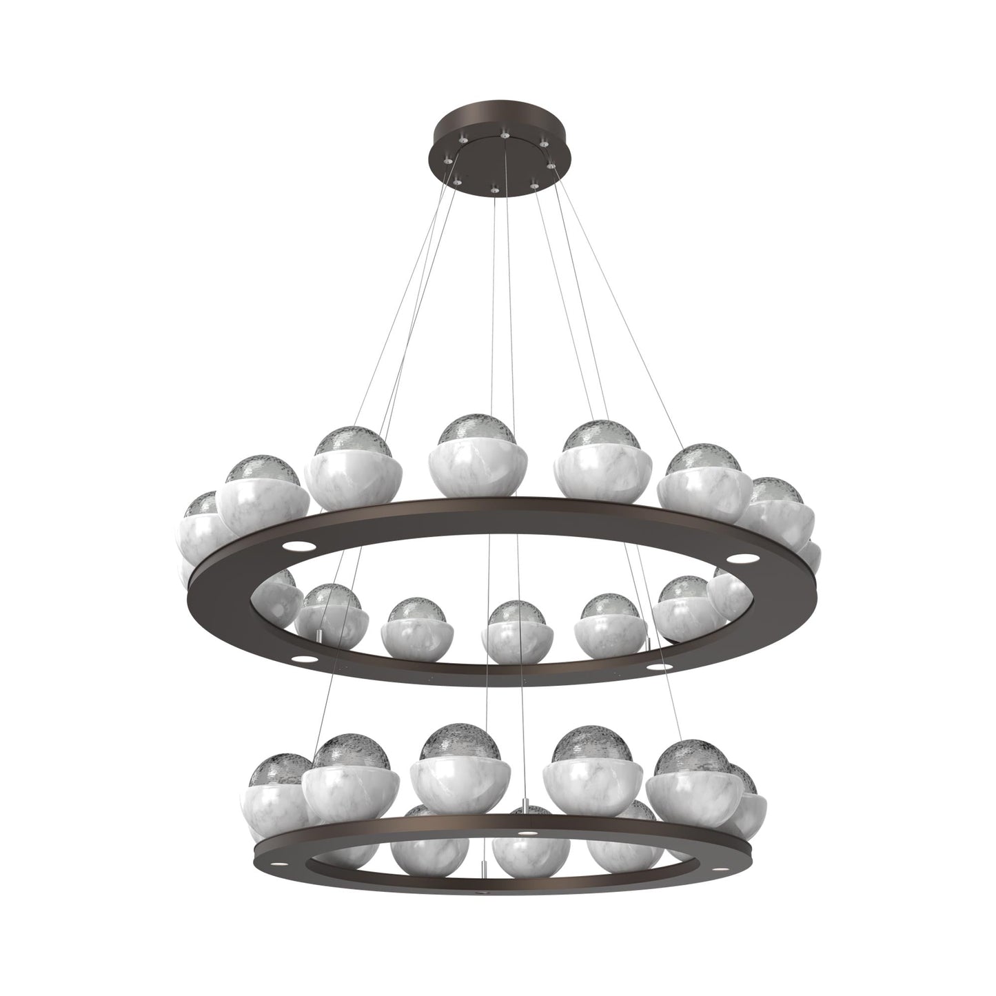 Cabochon Two-Tier Ring LED Chandelier in Flat Bronze/Smoke Blown Glass (White Marble).