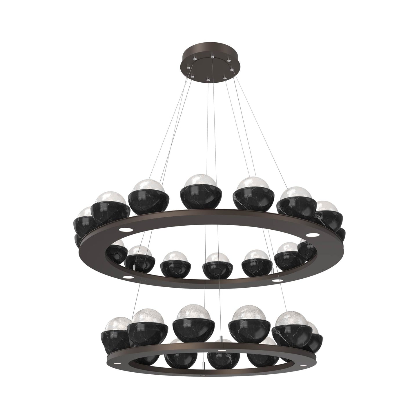 Cabochon Two-Tier Ring LED Chandelier in Flat Bronze/White Blown Glass (Black Marble).