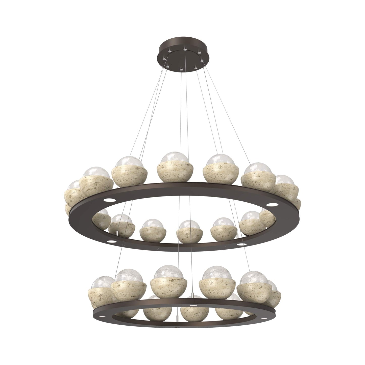 Cabochon Two-Tier Ring LED Chandelier in Flat Bronze/White Blown Glass (Travertine).