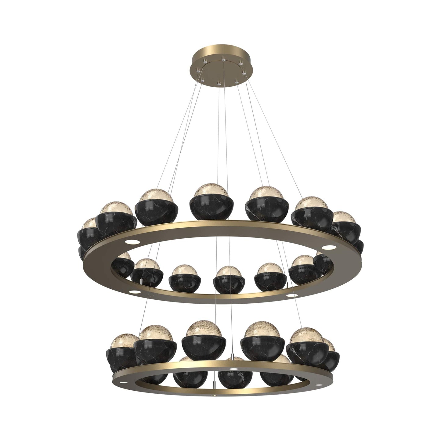 Cabochon Two-Tier Ring LED Chandelier in Gilded Brass/Amber Blown Glass (Black Marble).