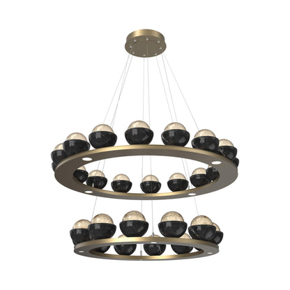 Cabochon Two-Tier Ring LED Chandelier in Gilded Brass/Amber Blown Glass (Black Marble).