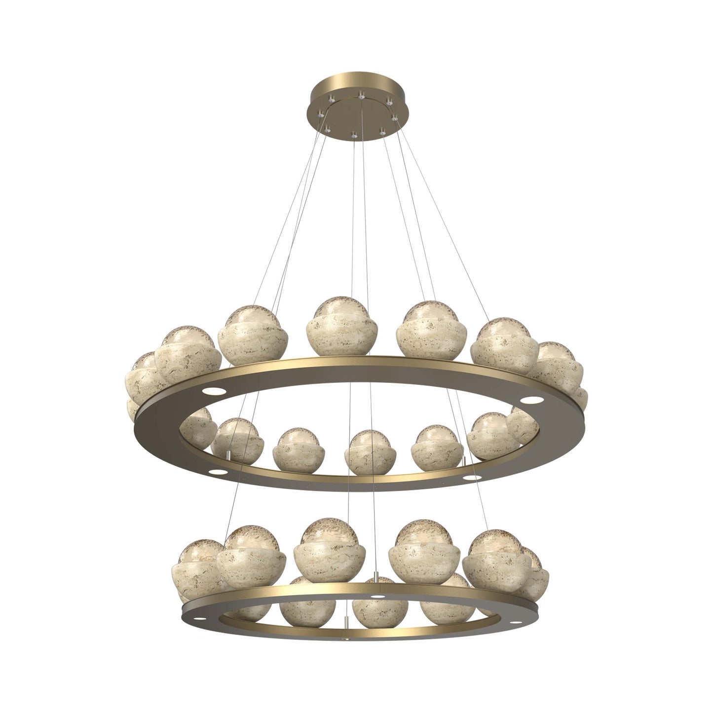 Cabochon Two-Tier Ring LED Chandelier in Gilded Brass/Amber Blown Glass (Travertine).