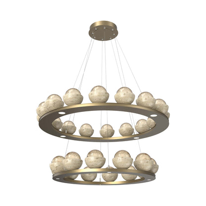 Cabochon Two-Tier Ring LED Chandelier in Gilded Brass/Amber Blown Glass (Travertine).