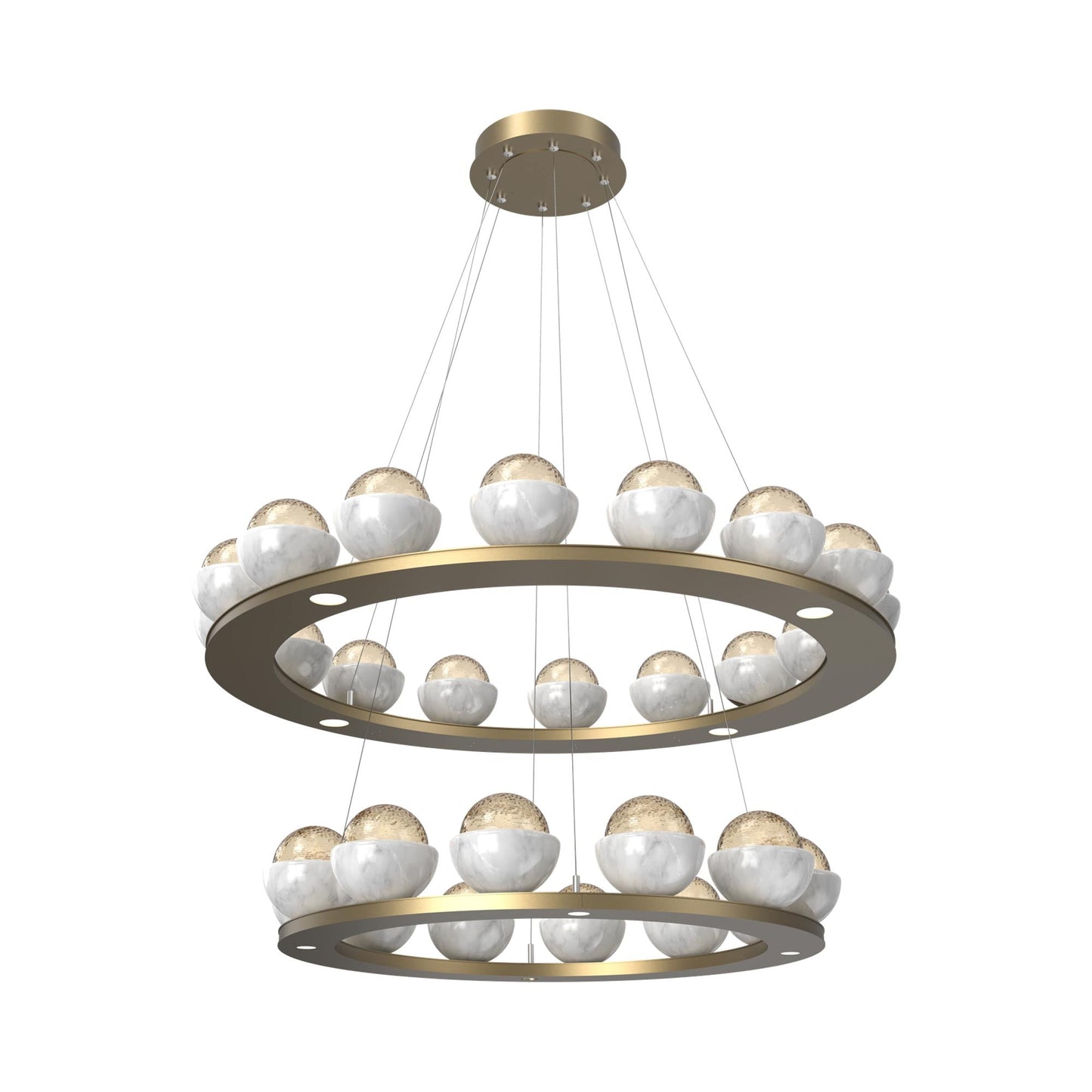 Cabochon Two-Tier Ring LED Chandelier in Gilded Brass/Amber Blown Glass (White Marble).