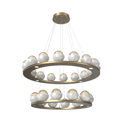 Cabochon Two-Tier Ring LED Chandelier in Gilded Brass/Amber Blown Glass (White Marble).