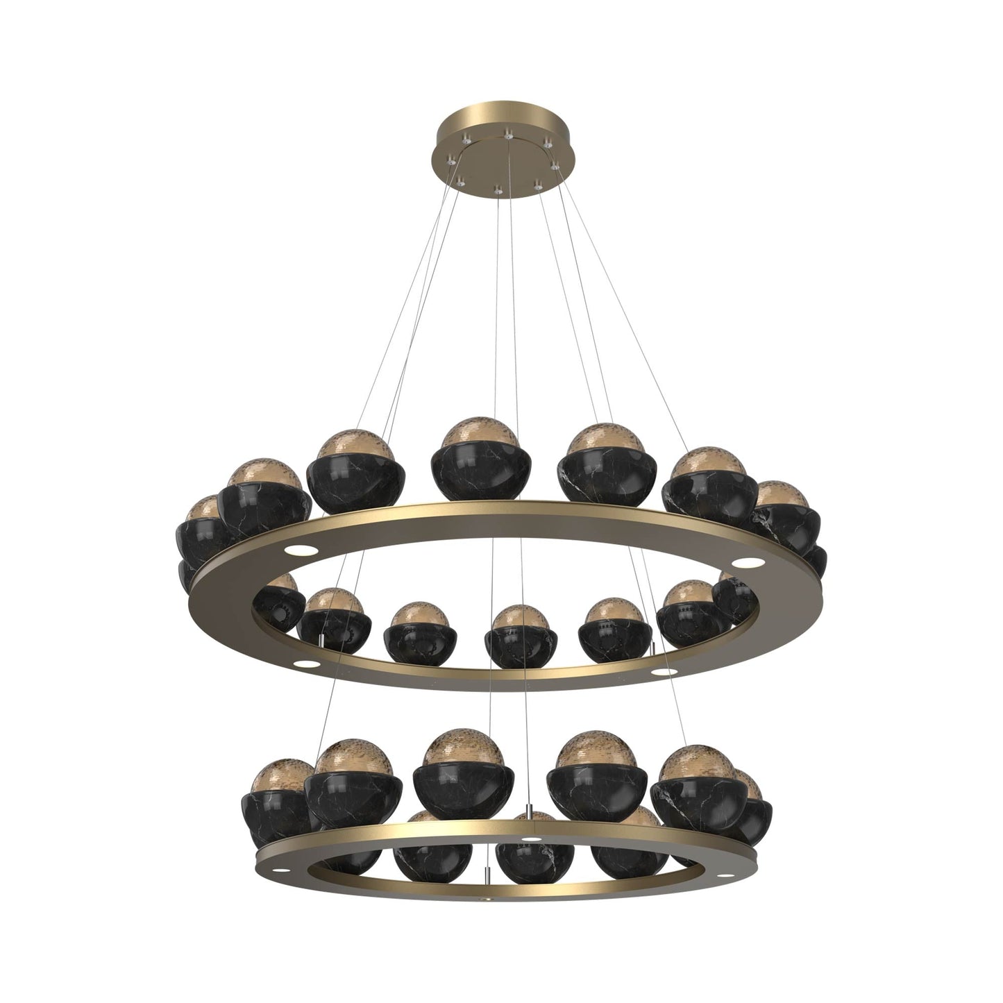 Cabochon Two-Tier Ring LED Chandelier in Gilded Brass/Bronze Blown Glass (Black Marble).