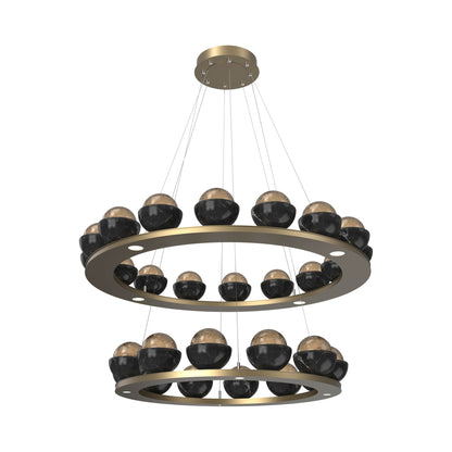 Cabochon Two-Tier Ring LED Chandelier in Gilded Brass/Bronze Blown Glass (Black Marble).