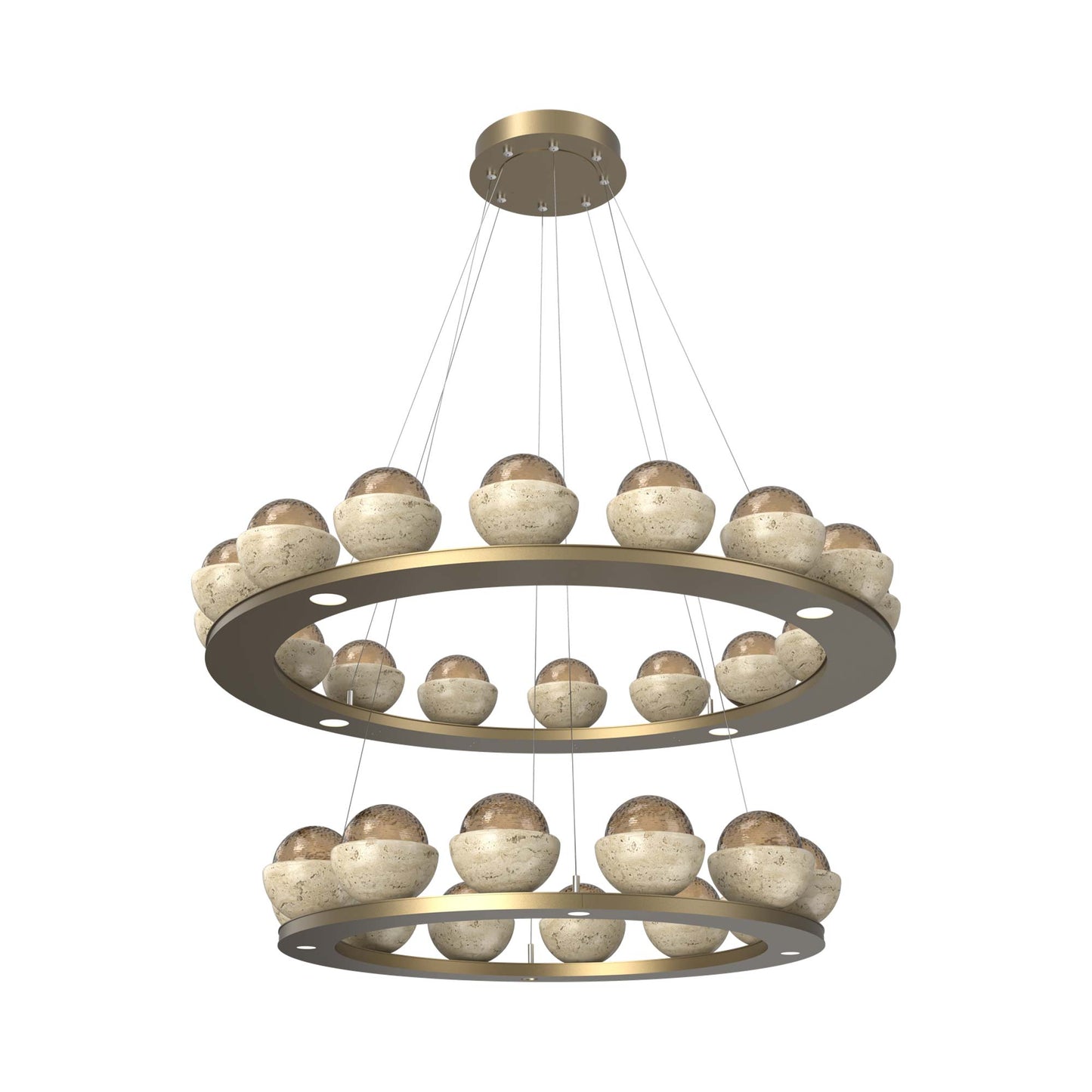 Cabochon Two-Tier Ring LED Chandelier in Gilded Brass/Bronze Blown Glass (Travertine).