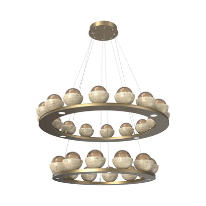 Cabochon Two-Tier Ring LED Chandelier in Gilded Brass/Bronze Blown Glass (Travertine).