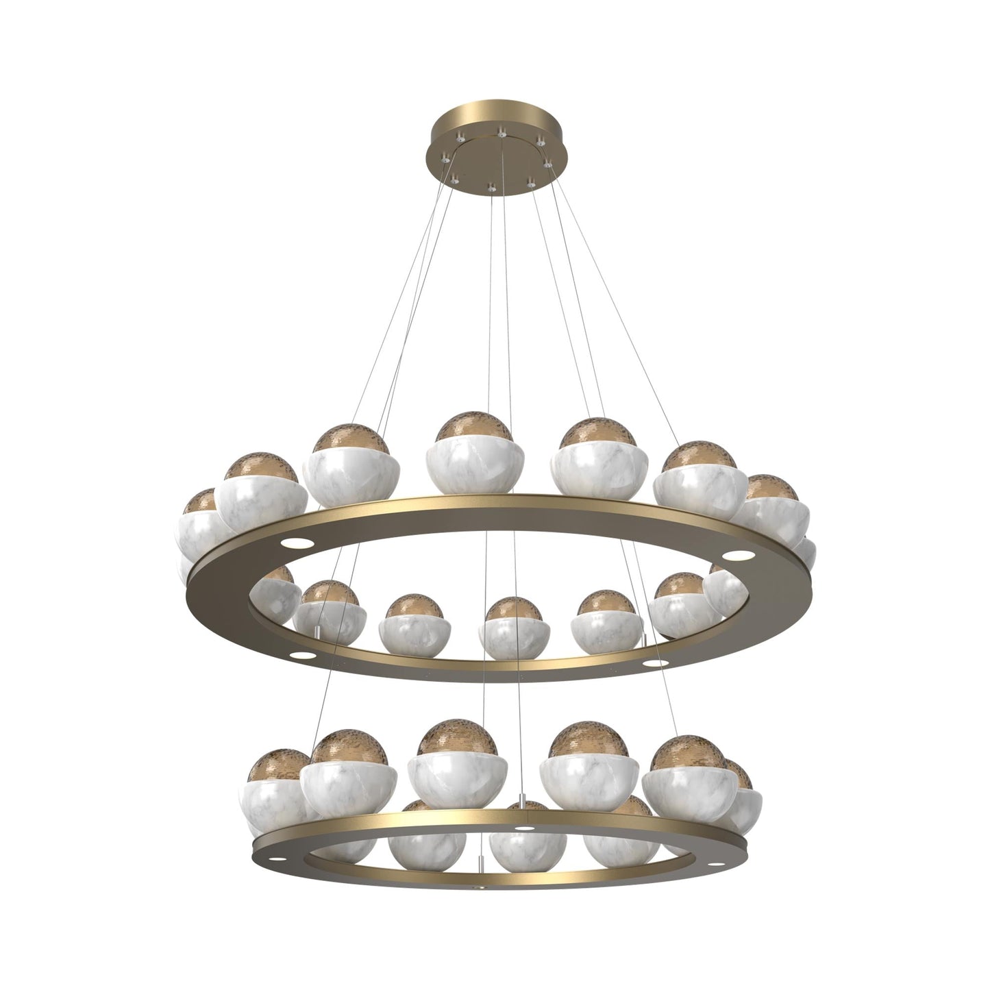 Cabochon Two-Tier Ring LED Chandelier in Gilded Brass/Bronze Blown Glass (White Marble).