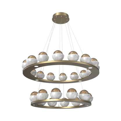 Cabochon Two-Tier Ring LED Chandelier in Gilded Brass/Bronze Blown Glass (White Marble).