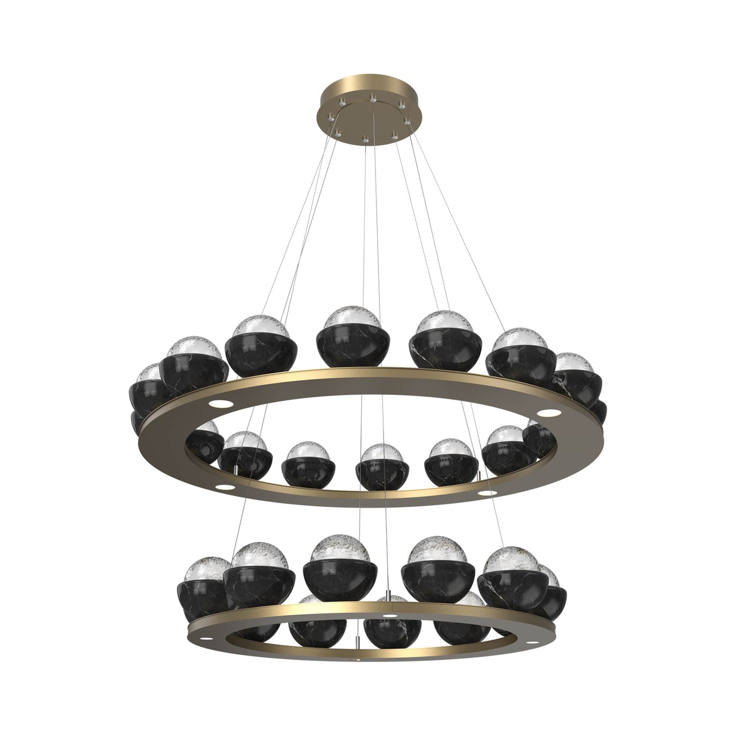 Cabochon Two-Tier Ring LED Chandelier in Gilded Brass/Clear Blown Glass (Black Marble).