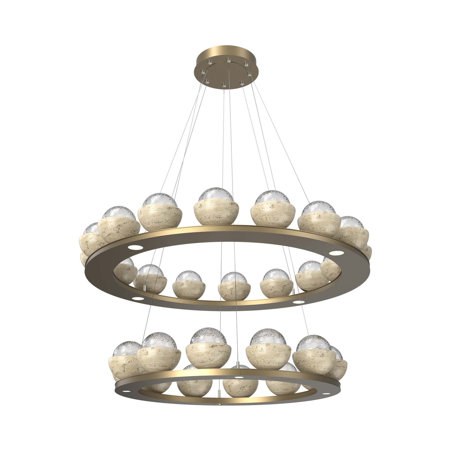 Cabochon Two-Tier Ring LED Chandelier in Gilded Brass/Clear Blown Glass (Travertine).