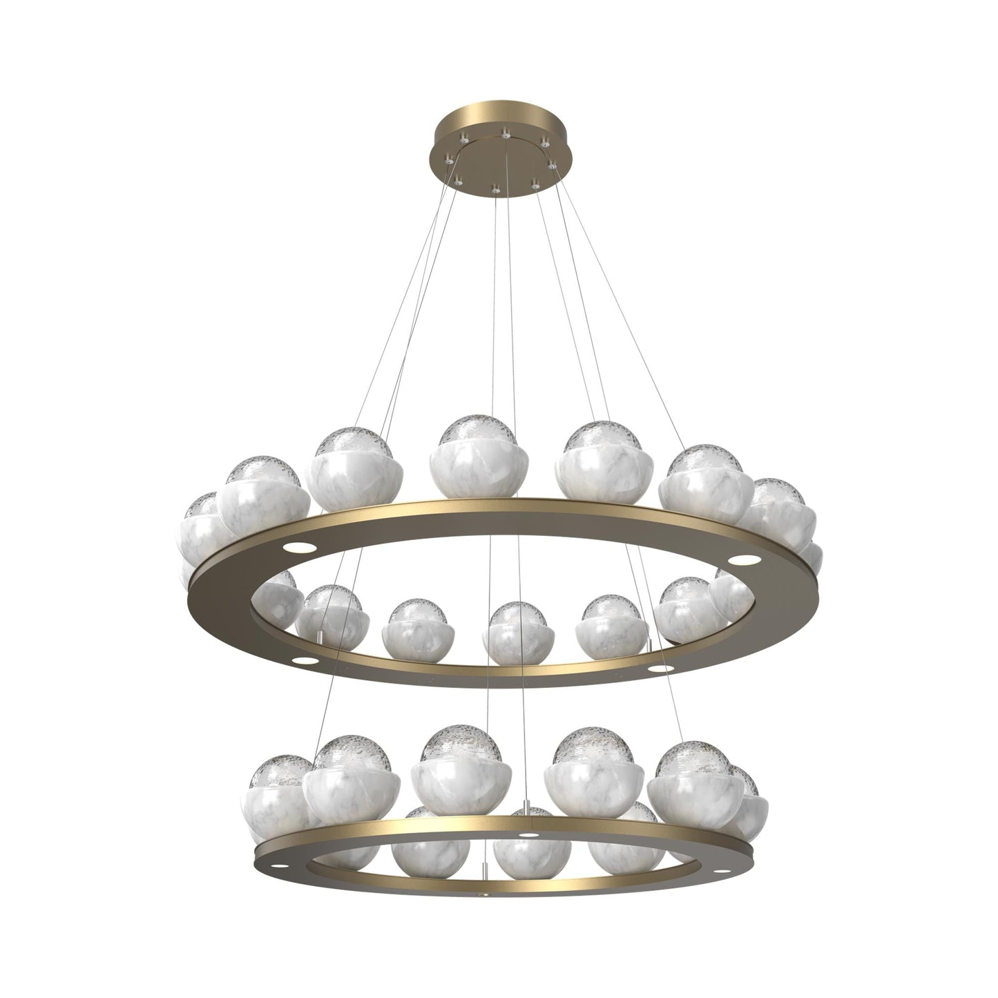 Cabochon Two-Tier Ring LED Chandelier in Gilded Brass/Clear Blown Glass (White Marble).