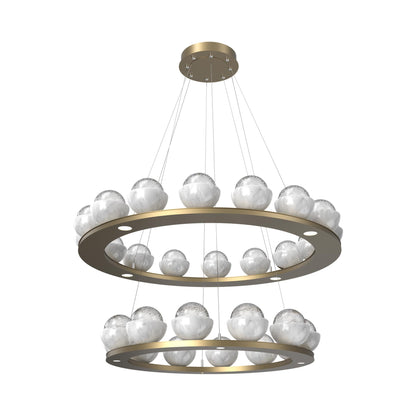 Cabochon Two-Tier Ring LED Chandelier in Gilded Brass/Clear Blown Glass (White Marble).