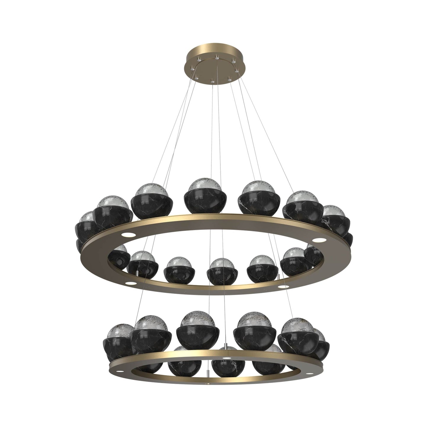 Cabochon Two-Tier Ring LED Chandelier in Gilded Brass/Smoke Blown Glass (Black Marble).