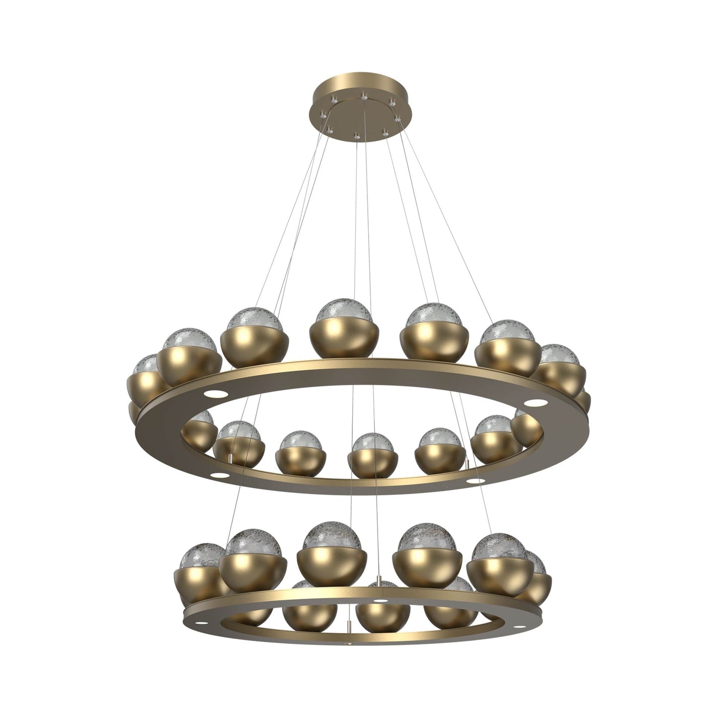 Cabochon Two-Tier Ring LED Chandelier in Gilded Brass/Smoke Blown Glass (Matching Finish).