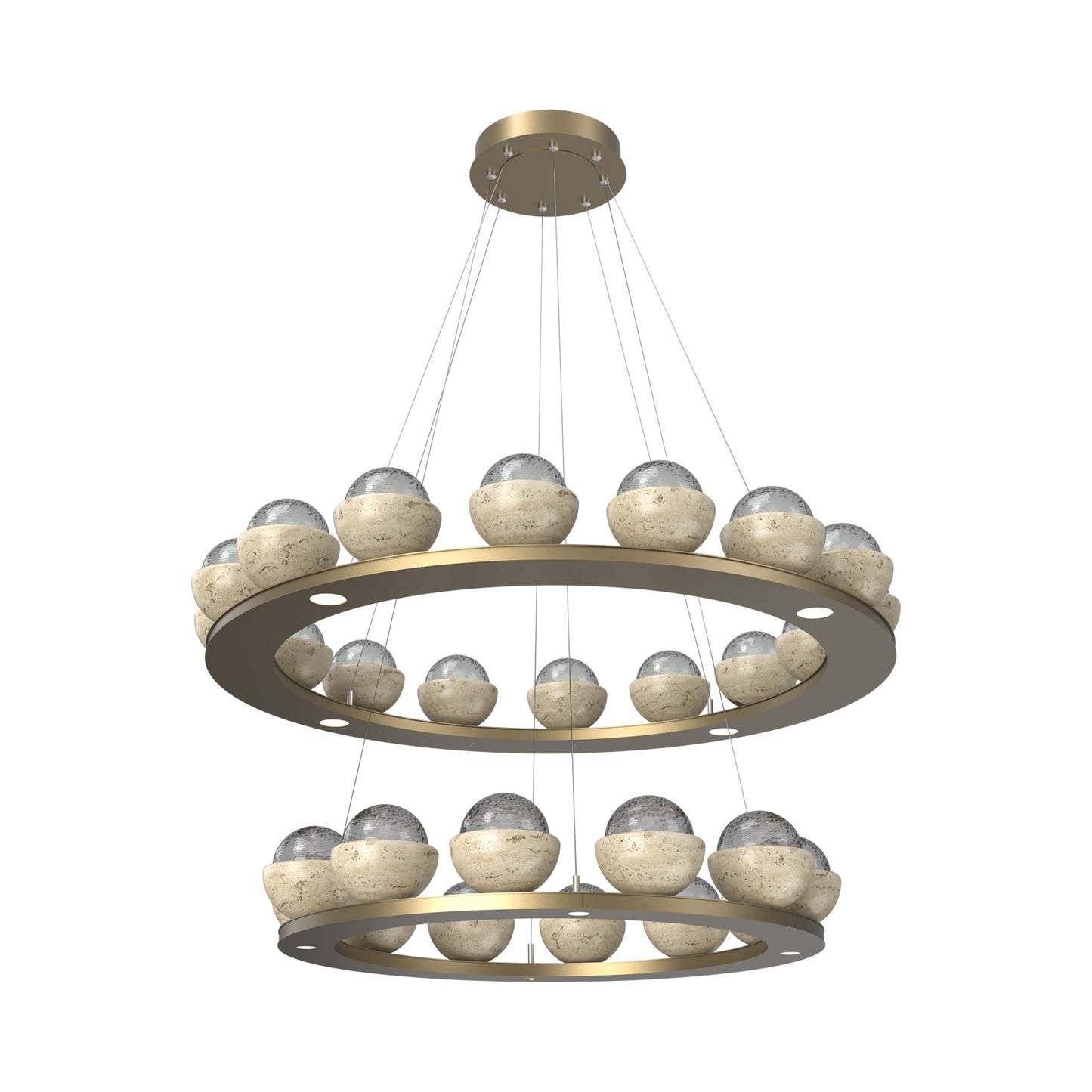 Cabochon Two-Tier Ring LED Chandelier in Gilded Brass/Smoke Blown Glass (Travertine).