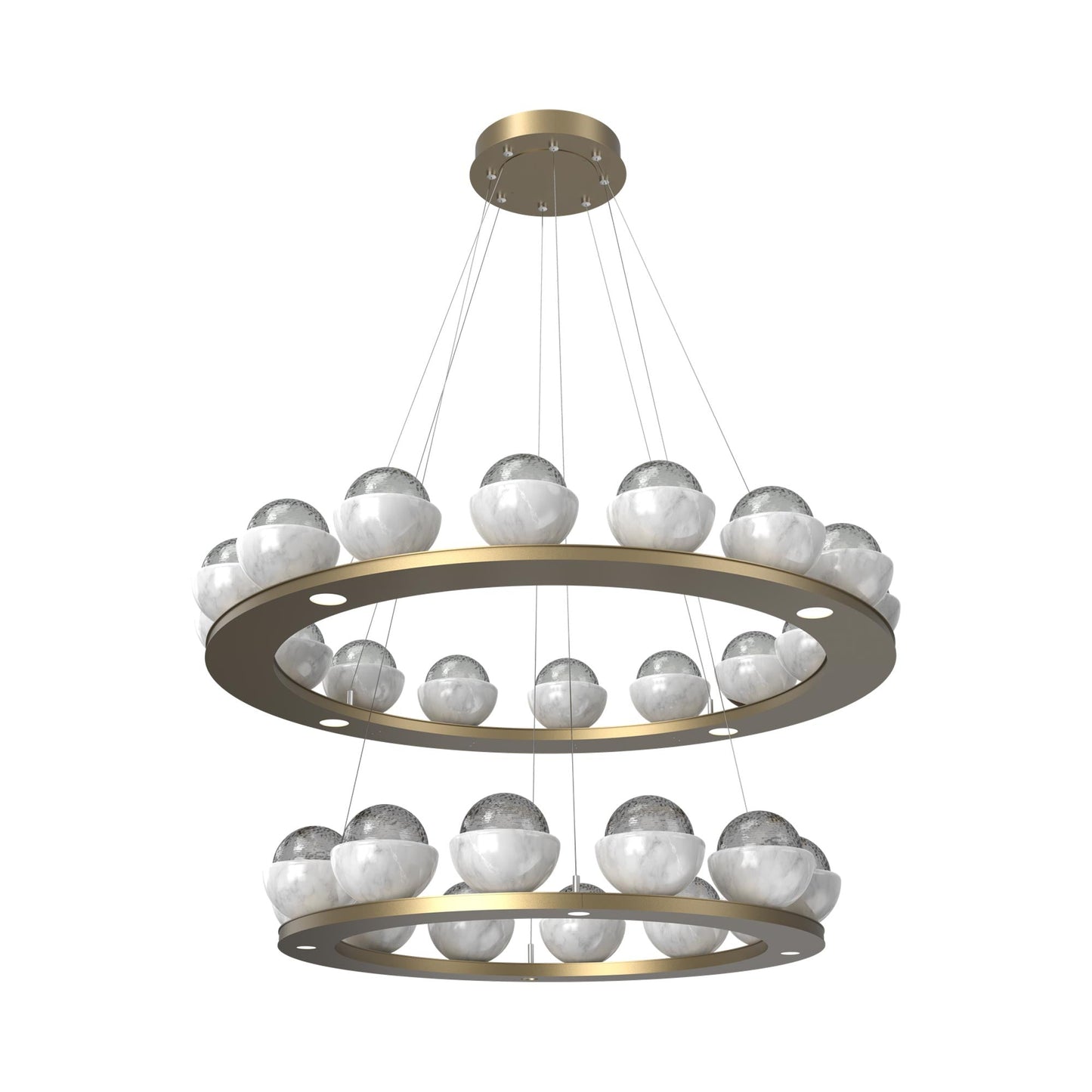 Cabochon Two-Tier Ring LED Chandelier in Gilded Brass/Smoke Blown Glass (White Marble).