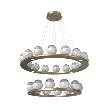 Cabochon Two-Tier Ring LED Chandelier in Gilded Brass/Smoke Blown Glass (White Marble).