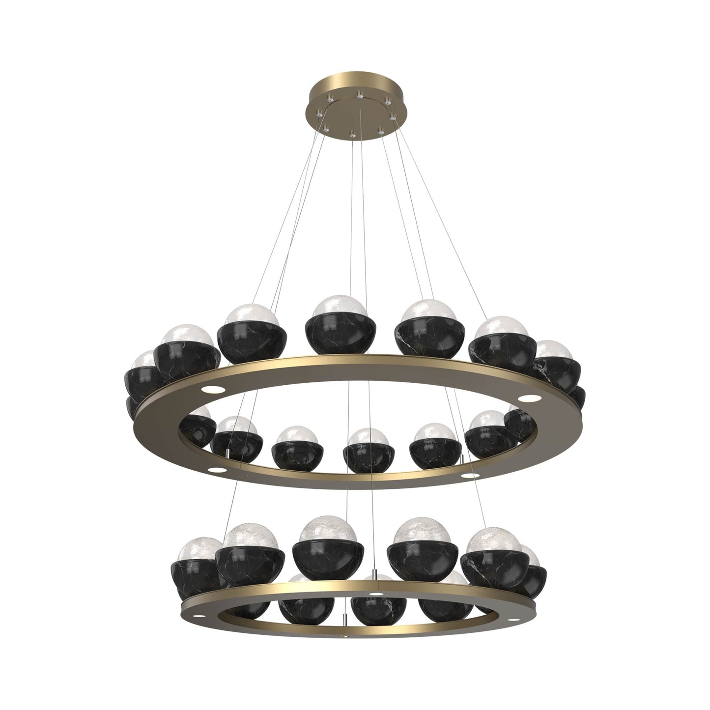 Cabochon Two-Tier Ring LED Chandelier in Gilded Brass/White Blown Glass (Black Marble).