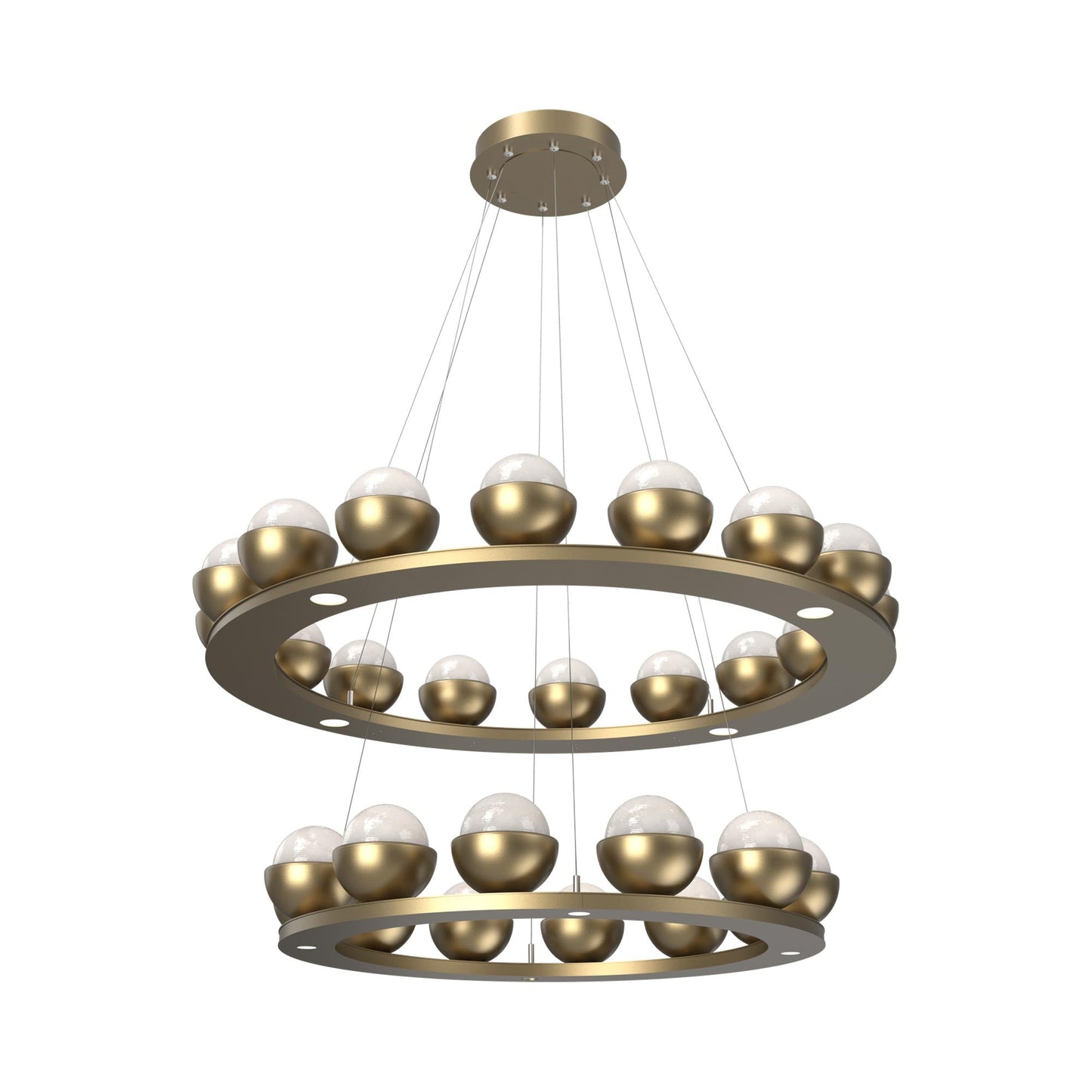 Cabochon Two-Tier Ring LED Chandelier in Gilded Brass/White Blown Glass (Matching Finish).