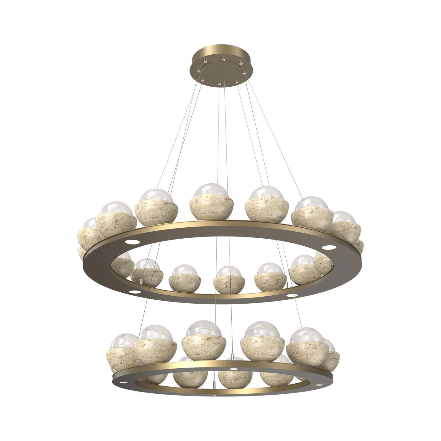 Cabochon Two-Tier Ring LED Chandelier in Gilded Brass/White Blown Glass (Travertine).