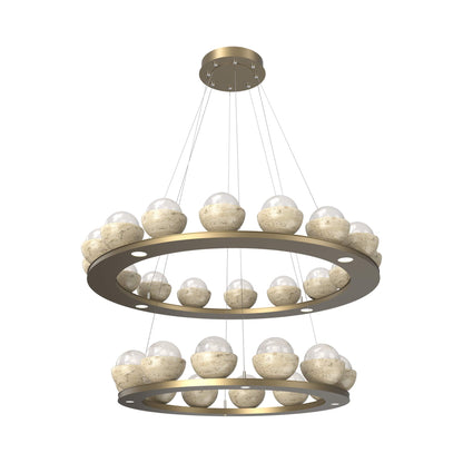 Cabochon Two-Tier Ring LED Chandelier in Gilded Brass/White Blown Glass (Travertine).