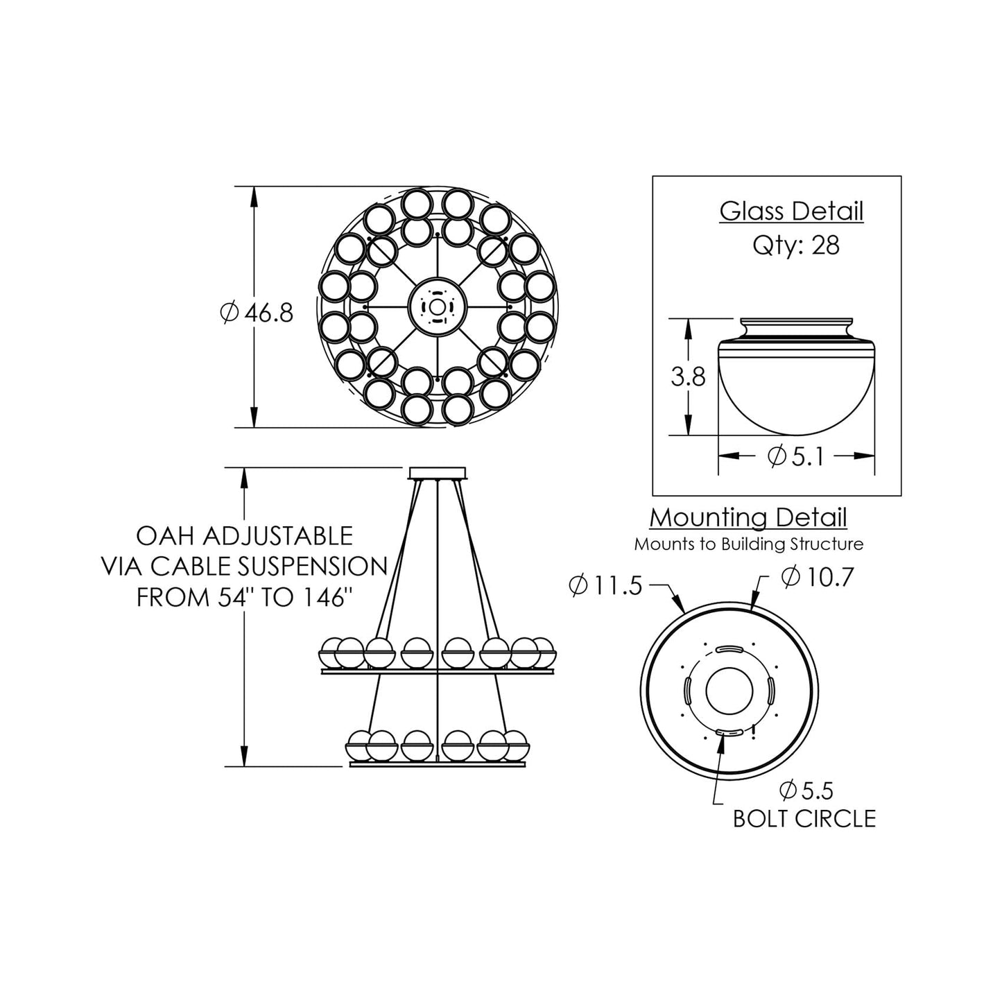 Cabochon Two-Tier Ring LED Chandelier - line drawing.