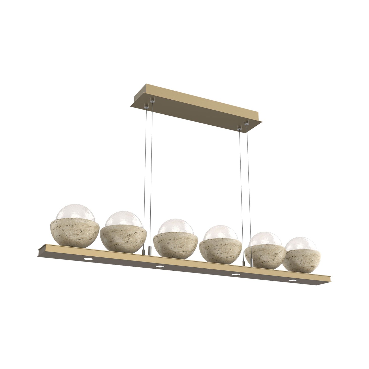 Cabochon White Linear LED Chandelier in Gilded Brass/Travertine (44-Inch).