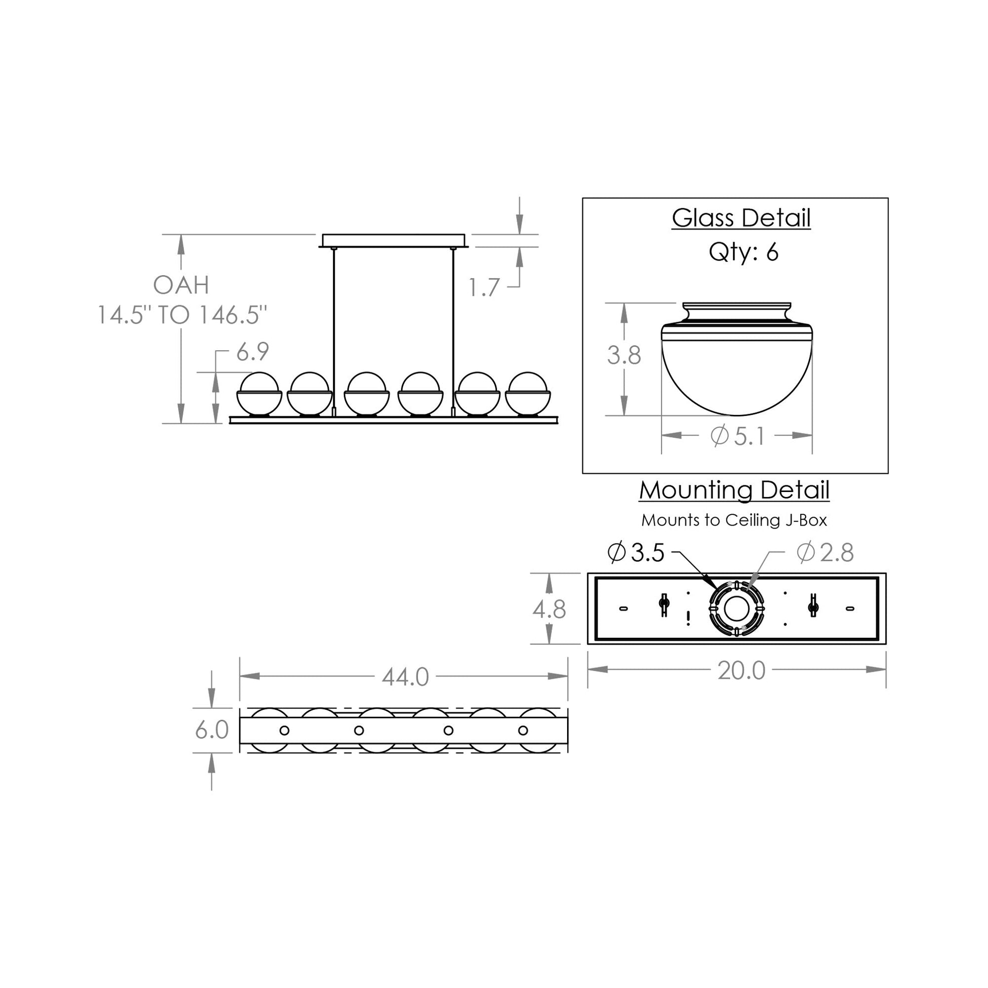 Cabochon White Linear LED Chandelier - line drawing.