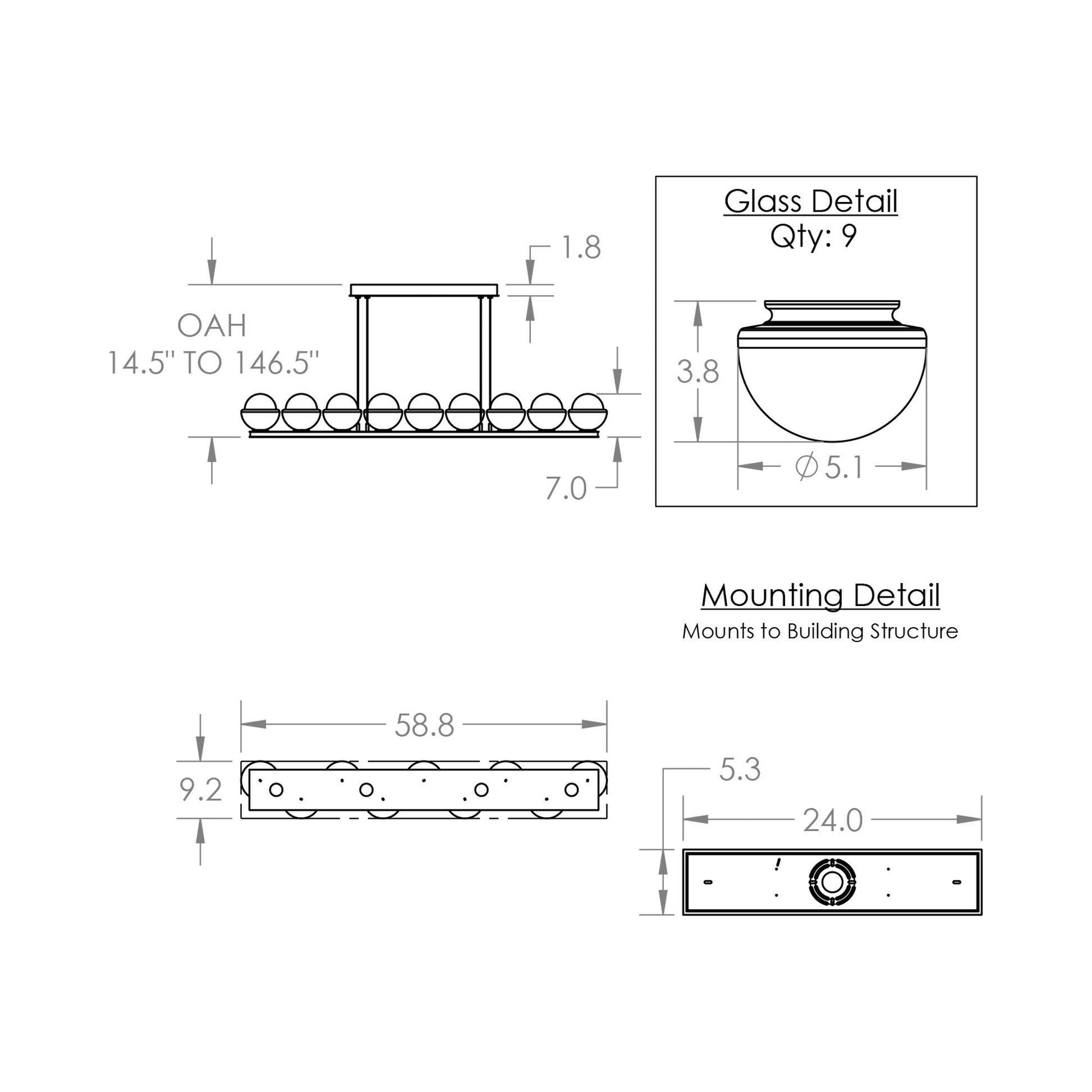 Cabochon White Linear LED Chandelier - line drawing.