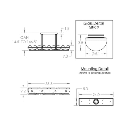 Cabochon White Linear LED Chandelier - line drawing.