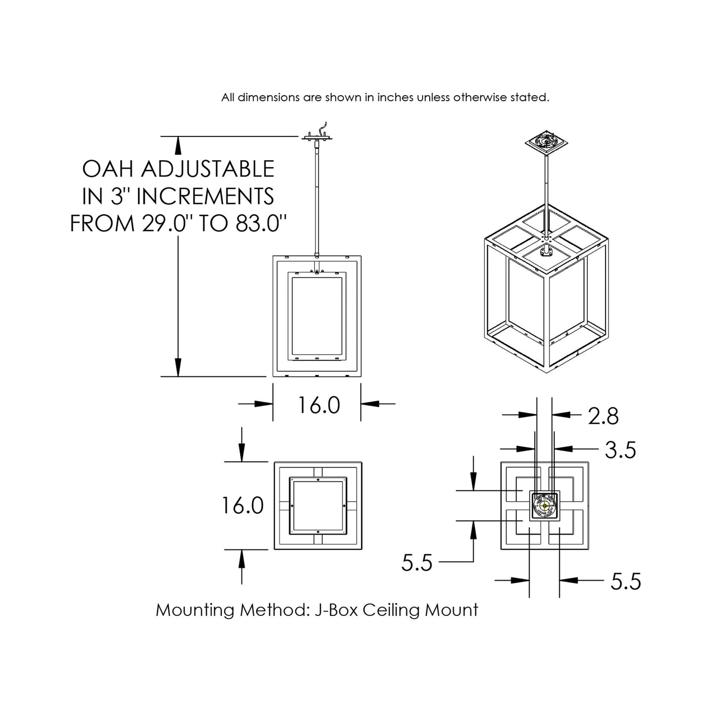 Double Box Outdoor LED Pendant Light - line drawing.
