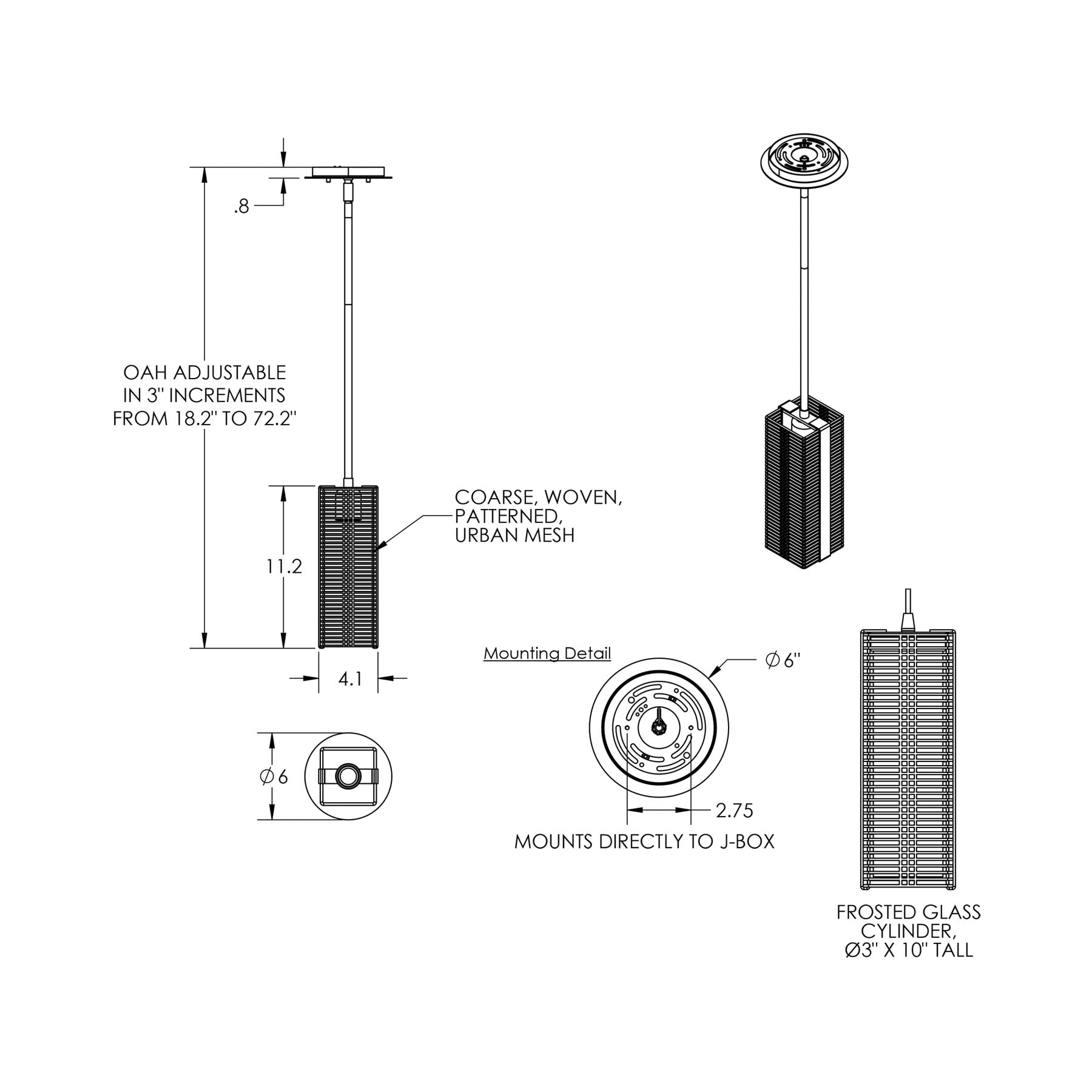 Downtown Mesh LED Pendant Light - line drawing.