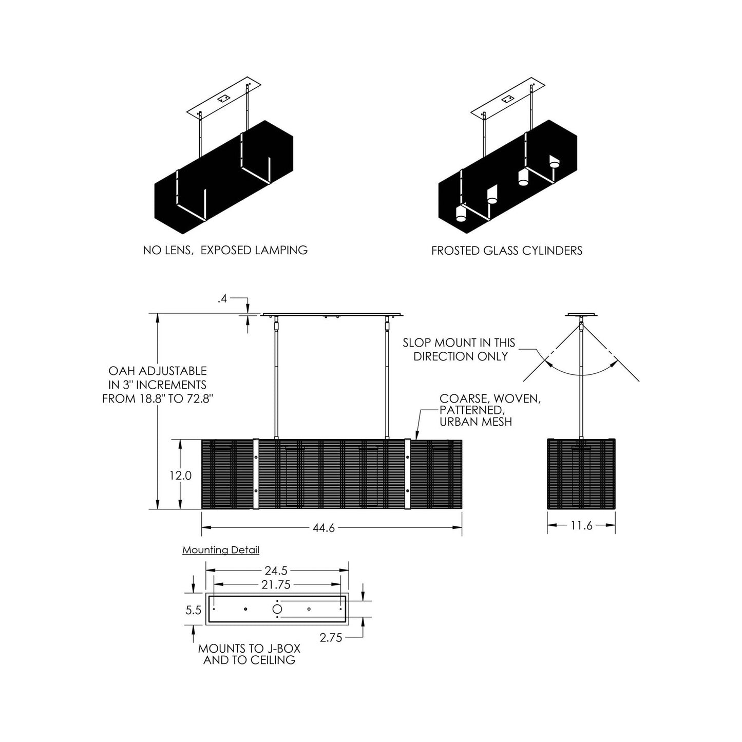 Downtown Mesh Linear LED Chandelier - line drawing.