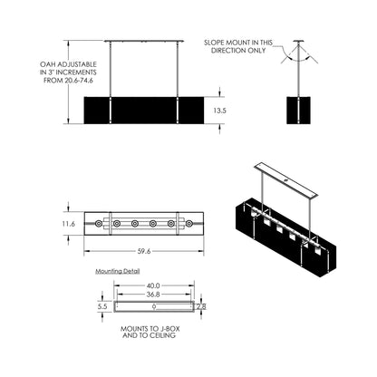 Downtown Mesh Linear LED Chandelier - line drawing.