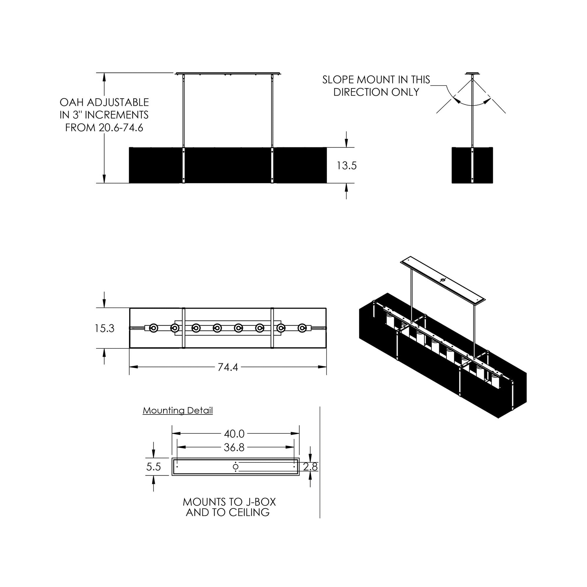 Downtown Mesh Linear LED Chandelier - line drawing.