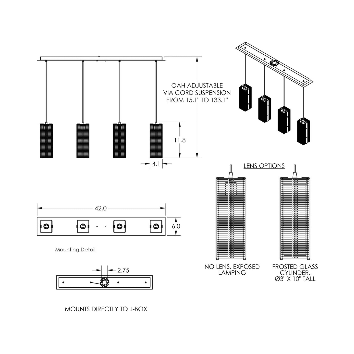 Downtown Mesh Multi Light Linear LED Pendant Light - line drawing.