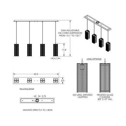 Downtown Mesh Multi Light Linear LED Pendant Light - line drawing.