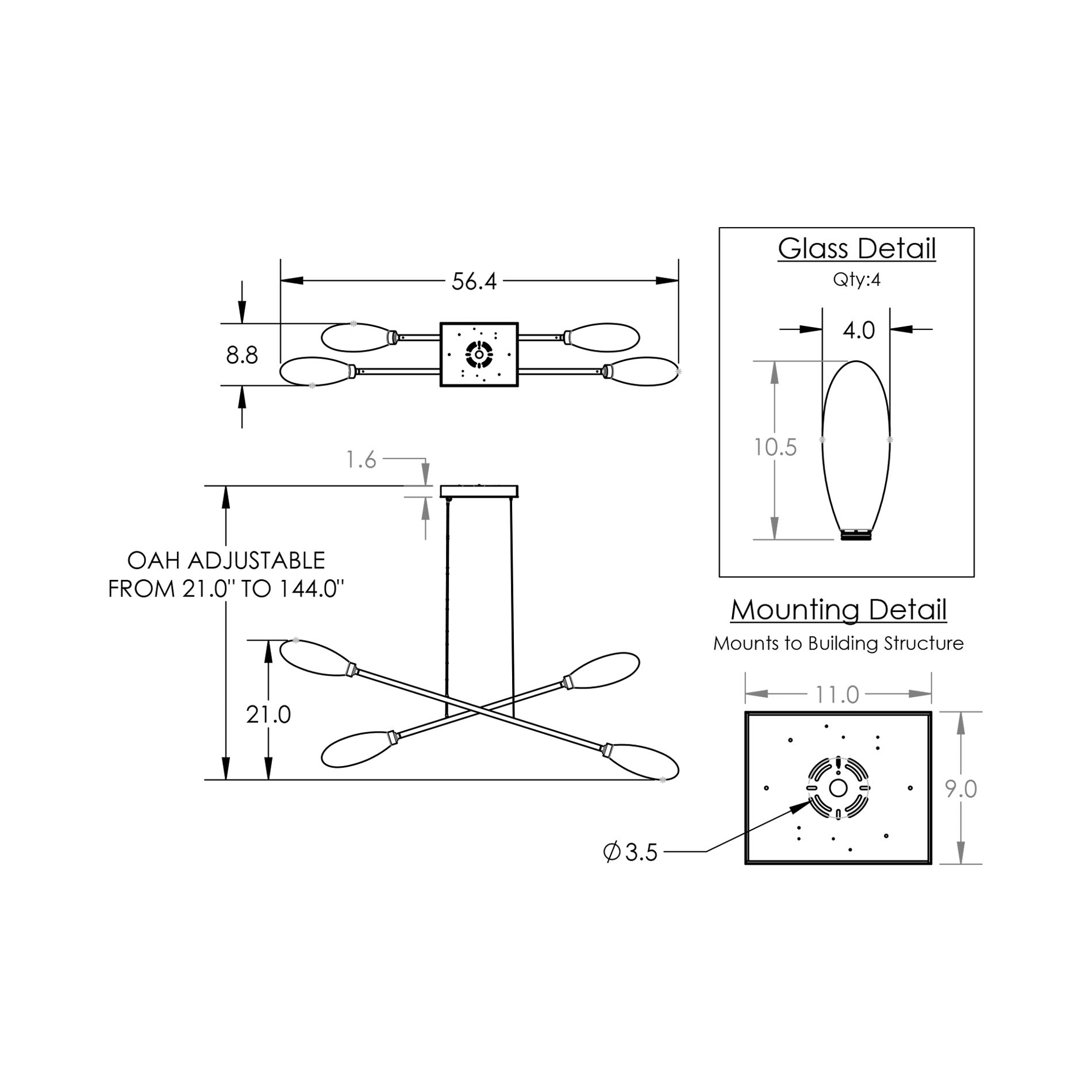 Fiori Double Moda Linear LED Chandelier - line drawing.