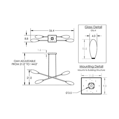 Fiori Double Moda Linear LED Chandelier - line drawing.