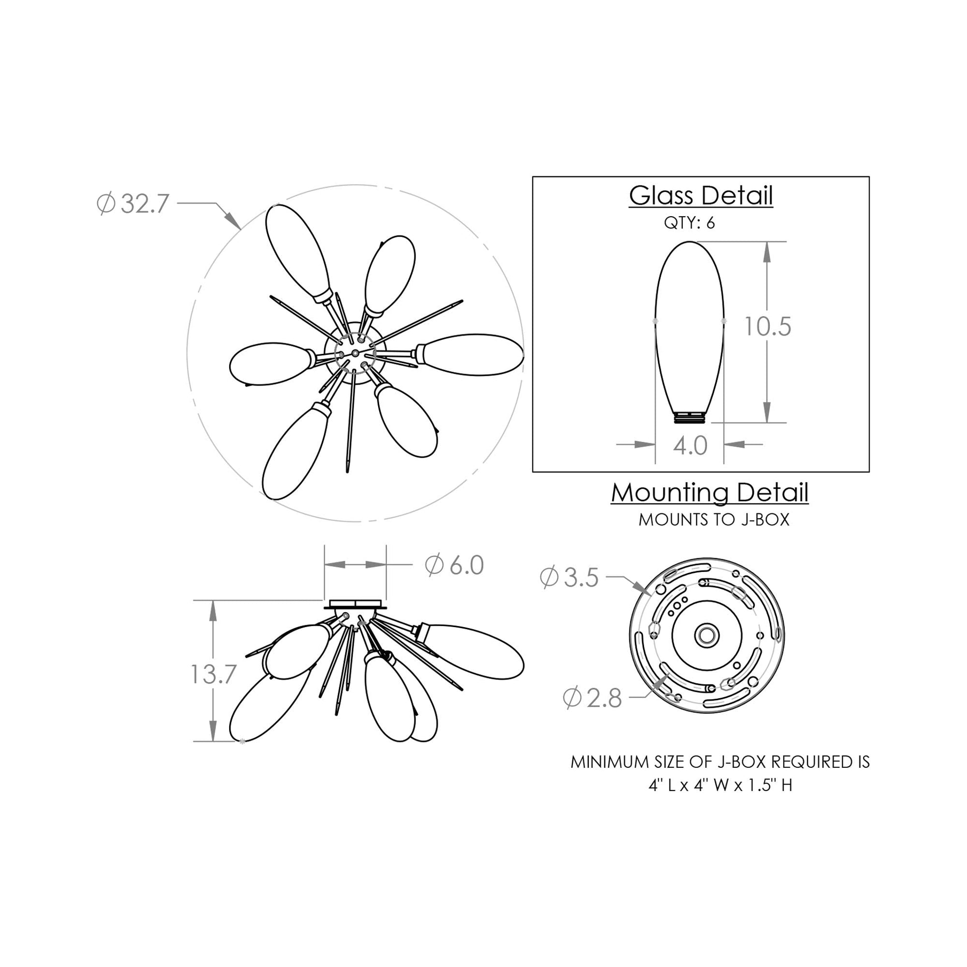 Fiori Starburst LED Flush Mount Ceiling Light - line drawing.