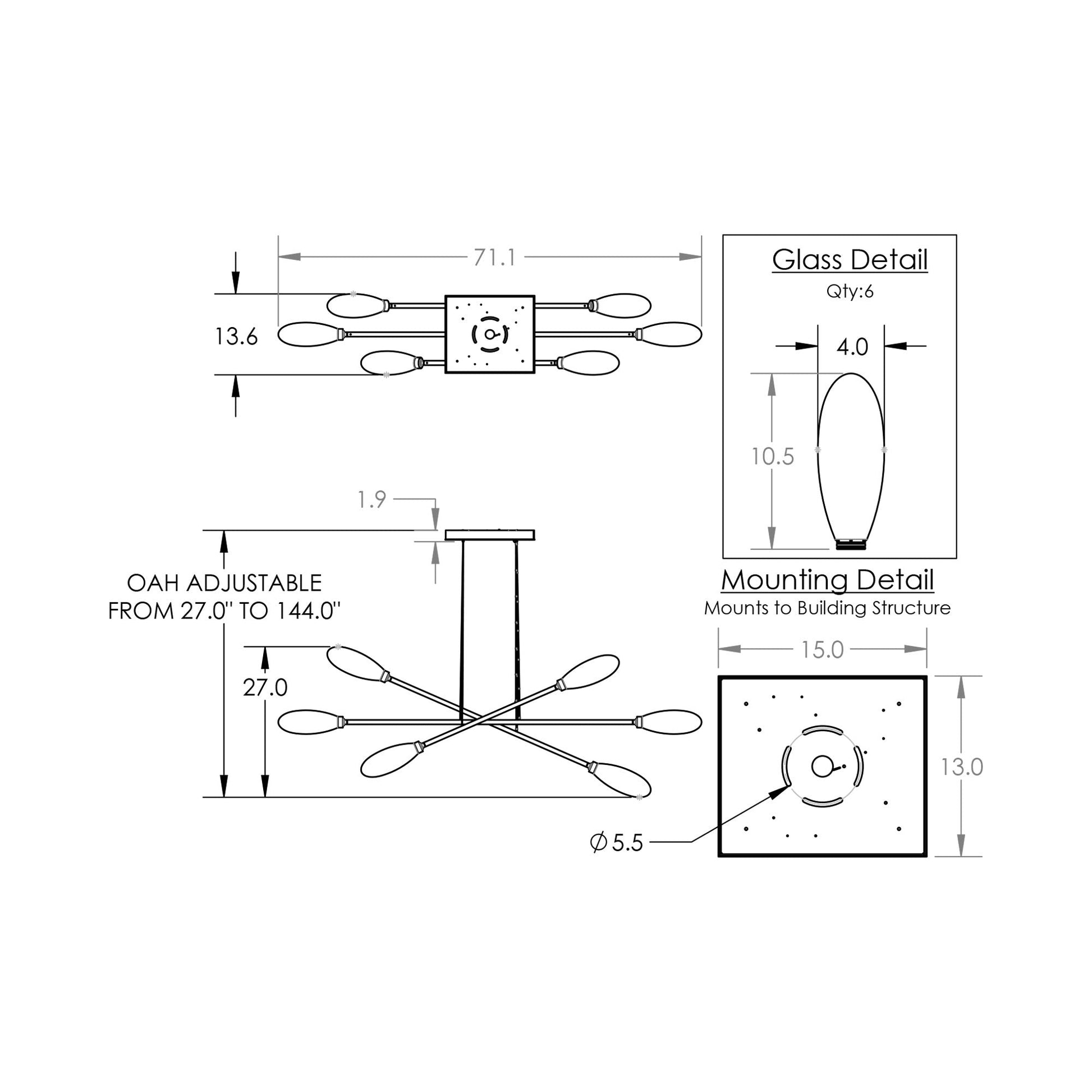 Fiori Triple Moda Linear LED Chandelier - line drawing.
