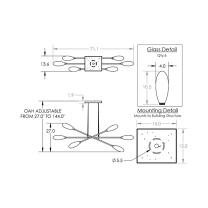 Fiori Triple Moda Linear LED Chandelier - line drawing.