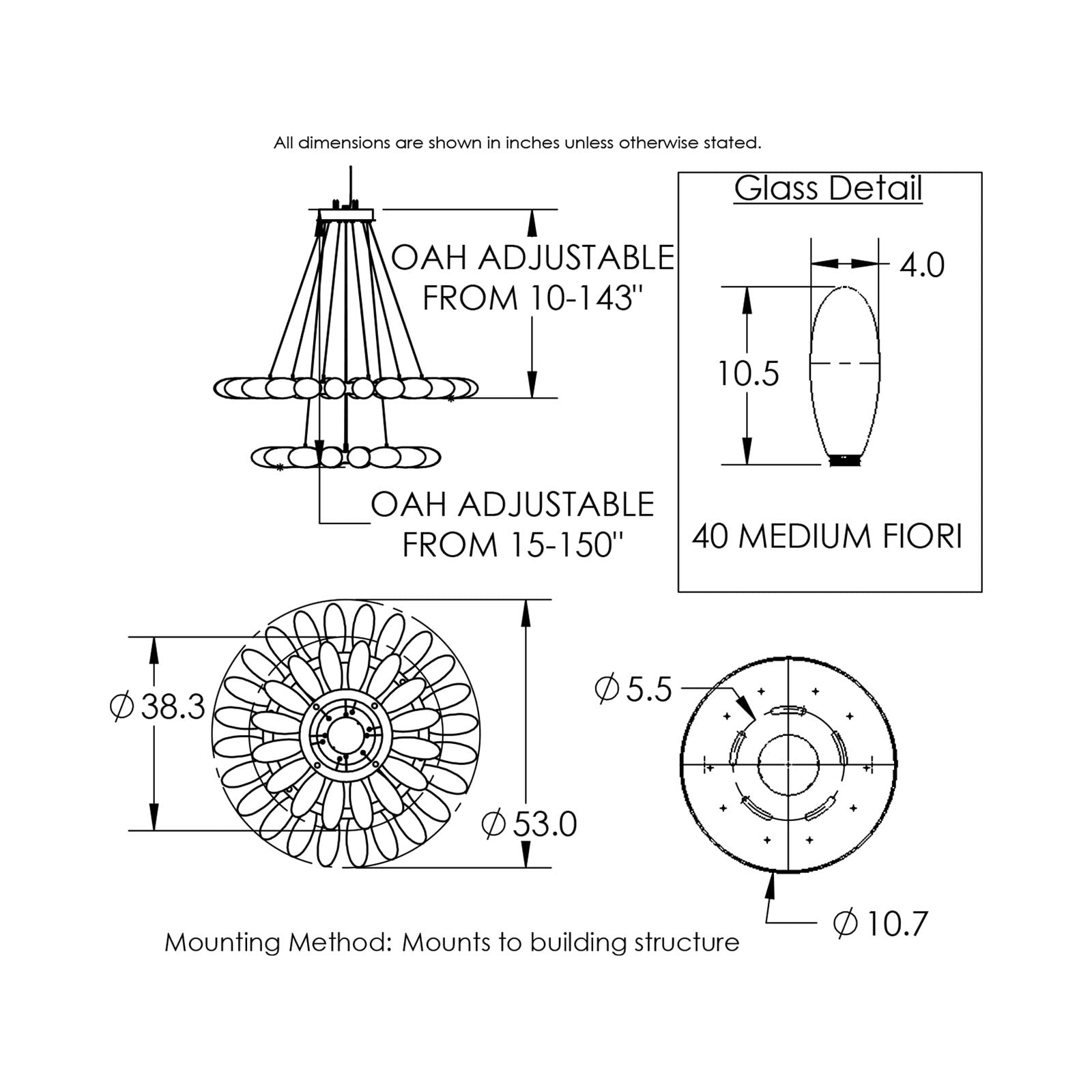 Fiori Two-Tier Radial Ring LED Chandelier - line drawing.